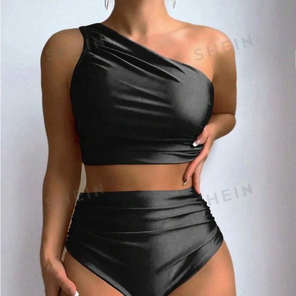 SHEIN one shoulder black swim top, size large
